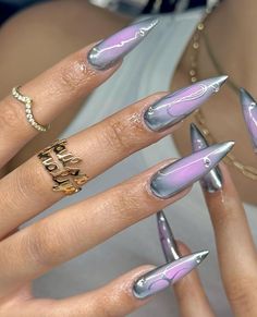 Purple And Silver Nail Art, Alt Wedding Nails, Cybery2k Nails, Chrome Long Nails, Square Nails With Stiletto Pinky, Long Colorful Nails, Edgy Nails Grunge, Unique Nails Designs, Birthday Nails Stiletto