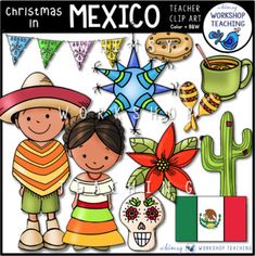 a mexican themed clip art set with two children in front of a cactus and star