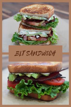 two sandwiches with lettuce, tomato and bacon on them are stacked high in the air