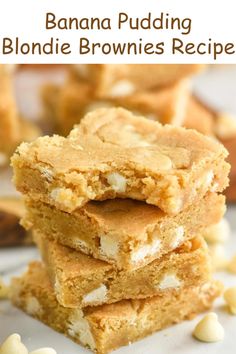 three pieces of banana pudding blondie brownies recipe stacked on top of each other