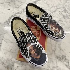 Custom Tupac Black Slip On Vans – BlvdCustom Custom Slip On Vans, Black Slip On Vans, Shoe Custom, Vans Shoes Fashion, Custom Vans Shoes, Vans Slip On Shoes, Slip On Vans, Popular Shoes, Amazing Gifts