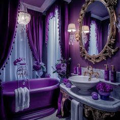 a bathroom with purple and white decor in the bathtub, chandelier and sink