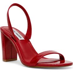 "Find STEVE MADDEN Emilie Slingback Sandal on Editorialist. A classic round toe and wrapped block heel balance a minimalist sandal fashioned with an elasticized slingback strap for a secure fit. 3 1/2\" heel Elasticized slingback strap Leather upper/synthetic lining and sole Imported" Fuzzy Crocs, Strappy High Heels, Red High Heels, Heeled Sandal, Red High, Red Heels, Boots And Sneakers, Slingback Sandal, Sandal Fashion