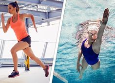 two women are swimming in the water and one is wearing an orange tank top