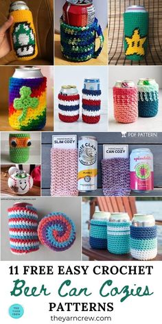 crochet beer can cozyies with text overlay that says 11 free easy crochet beer can cozyies