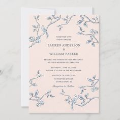 wedding save the date card with blue flowers and leaves on pink, white marble background