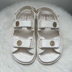 Size 38 Comes With Two Bags Good Condition Gently Worn Bought From Saks 5th Avenue White Chanel Sandals, Chanel Jesus Sandals, Chanel Flip Flops, Chanel Sandals Pink, Chanel Beach Sandals, Dad Sandals, Fancy Houses, Chanel Shoes, Women's Shoes Sandals