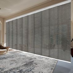 a living room with a large window covered in blinds and a rug on the floor