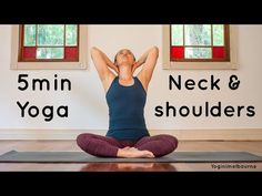 a woman doing yoga poses with the words 5 minute neck and shoulder shoulders