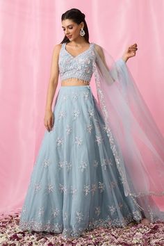 Boutique Lehenga Designs, Blue Crop Top Lehenga, Light Blue Lehenga, Sky Blue Lehenga, Sky Blue Blouse, Solo Poses, Sheer Dupatta, Lehenga Pattern, Indian Bridesmaid Dresses