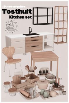 the kitchen set is ready to be used as a table, sink and other items