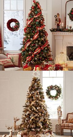 christmas tree decorated with red and gold ribbons in front of a fireplace, surrounded by other holiday decorations