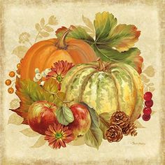 a painting of pumpkins, apples and leaves with pine cones on the bottom right corner