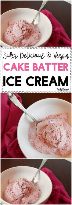 two pictures showing how to make a cake batter ice cream