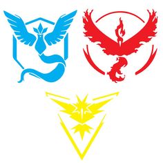 three different colored pokemon emblems are shown in this image, one is blue and the other is red