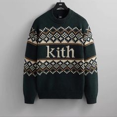 The Kithmas Fairisle Sweater Is Crafted Of A Chunky Cotton Knit, With Ribbing A The Sleeve Cuffs And Collar, Along With Custom Taping At The Binding. It Features A Custom Holiday Jacquard Print Along With Kith Serif Branding. New Without Tags, Perfect Condition. Color: Forest Green Material: 100% Cotton Serif Branding, Custom Tape, Heather Grey Sweatshirt, Vintage Christmas Sweaters, Vintage Crewneck, Fair Isle Sweater, Holiday Sweater, Sweaters Crewneck, Sweater Design