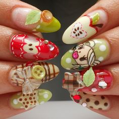 ଳ ‧₊˚ piopionails on ig ...! ꩜ ₊˚.༄ Cute Nail Designs Green, Fall Gel Nail Colors, Quirky Nails, Gingham Nails, Harajuku Nails, Maximalist Nails, Fall Nail Design, Korean Nail, Korean Nail Art