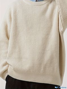 Orcajump - Women's Solid Thermal Casual Sweater, Loose Crew Neck Knitted Sweater, Women's Clothing Oversized Cream Ribbed Sweater, Beige Stretch Crew Neck Sweater, Casual Snug Sweater With Textured Knit, Casual Snug Ribbed Sweater, Casual Snug Fit Ribbed Sweater, Beige Cotton Sweater For Winter, Snug Casual Knit Sweater, Cotton Ribbed Solid Color Sweater, Snug Beige Winter Sweater