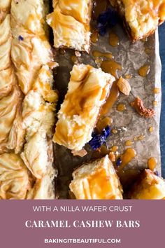 caramel cashew bars with text overlay that reads, with a nilla wafer crust