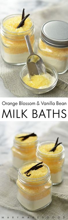 orange blossom and vanilla bean milk bath souffles in glass jars with spoon