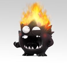 a black monster with flames on its head and eyes, standing in front of a white background