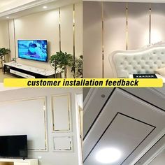 four different pictures with the words customer installation fedback in yellow and white letters on them