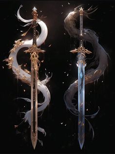 two swords with white and gold designs on them