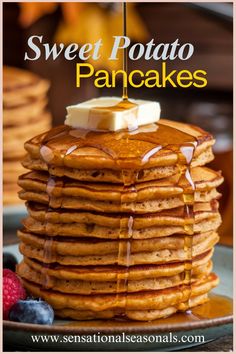 Stack of sweet potato pancakes with butter and syrup, garnished with berries. Soft Potatoes, Breakfast Sweet Potato, Sweet Potato Pancakes Recipe, Potato Pancakes Recipe, Teff Recipes, Healthy Christmas Snacks, Potato Breakfast Recipes, Protein Pancakes Recipes