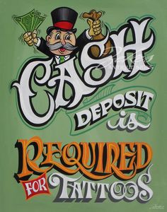 a green sign with the words cash deposit and required for typos on it