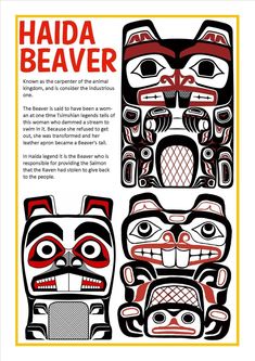 an advertisement for haida beaver with two totems in red, black and white