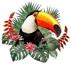 a toucan with tropical plants and flowers around it