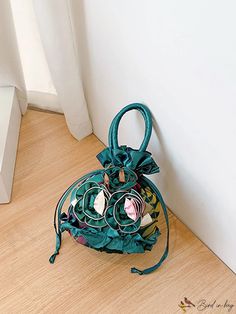 BirdinBag - Embroidered Flower Pattern Womens Bucket Bag - Chic, Compact & Stylish Handbag Green Pouch Bucket Bag For Spring, Green Bucket Bag For Spring, Green Flower-shaped Bag For Spring, Green Pouch Satchel For Spring, Green Floral Shoulder Bag For Everyday Use, Green Spring Pouch Bag, Spring Green Pouch Bag, Green Floral Shoulder Bag For Daily Use, Green Flower Shaped Shoulder Bag For Daily Use