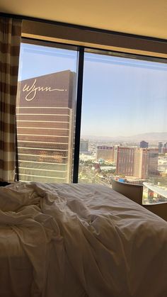 a hotel room with a view of the las vegas strip