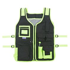 The JORESTECH utility vest is perfect for any project. Made with extra heavy duty cordura nylon material and loaded with features, this vest includes multiple loops and pockets for all kinds of different tools, accessible pockets, gear loops, and clip points keep work gear secure and close at hand. Adjustable side straps to fit body size, zipper front closure, one size fits most (M to 2XL). Black with neon green or orange trim and two reflective strips on the back of vest for high visibility. JO Tool Vest, Utility Vest, Safety Vest, Work Gear, Work Uniforms, Fit Body, Personal Protective Equipment, Body Size, Neon Green