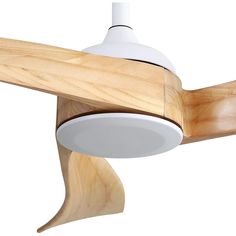 a wooden ceiling fan with a white light on it's blade and wood blades