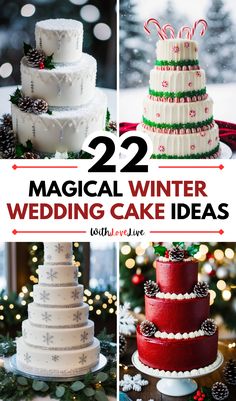 twelve christmas wedding cake ideas with text overlay that reads, 22 magic winter wedding cake ideas