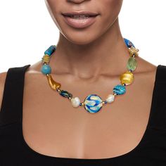 Ross-Simons - Italian Multicolored Murano Glass Bead, 6-14mm Cultured Pearl, Multi-Gemstone Bead Sea Life Necklace, 18kt Yellow Gold Over Sterling. 20". This unique showpiece from Italy will amaze the beach lover in your life. It features a whimsical assortment of multi-shaped handmade Murano glass beads in light and dark blue and golden tones, with 6-14mm cultured freshwater semi-baroque pearls for extra shimmer. A 25.00 carat blue quartz round bead and a 20x15mm oval fluorite bead add lush oce Multicolor Single Strand Round Jewelry, Elegant Multicolor Single Strand Gemstones, Elegant Multicolor Rondelle Beaded Necklaces, Beaded Murano Glass Jewelry, Round Beaded Murano Glass Jewelry, Multicolor Murano Glass Jewelry, Round Murano Glass Beaded Jewelry, Elegant Single Strand Multicolor Beads, Elegant Multicolor Large Beads Gems And Cabochons