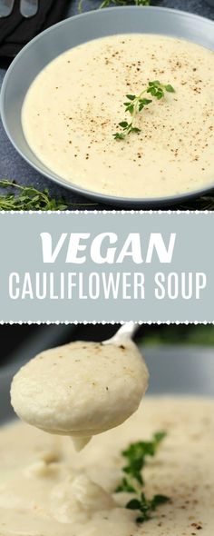 a spoonful of vegan cauliflower soup is being lifted from a bowl