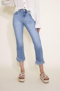 Make an impression in these KanCan High Rise Cropped Fray Hem Bootcut Jeans for Women! Take your denim game to the next level with these women’s jeans featuring a high-rise, bootcut fit, and frayed hem for an edgy, unique look. Cropped for a chic silhouette, you'll be sure to make a statement with every step! Features: KanCan Style: KC9354M Color: Light Wash 94% Cotton, 5% Polyester, 1% Spandex Women’s jeans Bootcut jeans High rise Frayed hem Cropped fit at ankle Measurements from size 11/29: Fr Hem Bootcut Jeans, Bootcut Jeans For Women, Kancan Jeans, Jeans Bootcut, Jeans For Women, Jeans Size Chart, High Jeans, Bootcut Jeans, Color Light