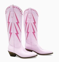 The Dolly - Looking for a pair of cowboy boots that are both stylish and unique? Our pink lightning cowboy boots are just what you need! These boots are made from high-quality material and feature a vibrant pink lightning bolt design on the sides. The boots have a classic western shape with a pointed toe, making them perfect for both casual and dressy occasions. These Marfa Boots are a statement piece that will surely turn heads and make any outfit electric. Whether you're looking to add a pop o Fun Cowboy Boots, Pink Lightning Bolt, Rodeo Birthday Parties, Pink Lightning, Pink Cowgirl Boots, Pictures Outfits, Lightning Bolt Design, Rodeo Birthday, Pink Cowgirl