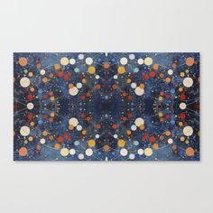 an abstract painting in blue, orange and white with lots of circles on the surface