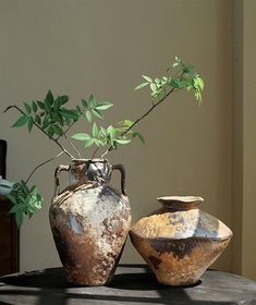 two vases sitting on top of a table with a plant in one of them