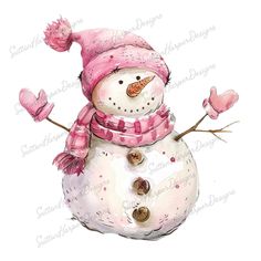 a watercolor painting of a snowman wearing a pink hat and scarf