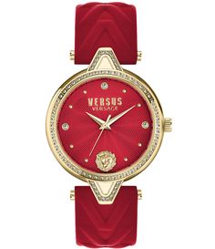 From Versus by Versace&#x2C; this women's watch features:Red leather strapIP yellow stainless steel caseRed enamel dialBuckle closureAnalog movementCase size approx. 34mmWater resistance: 5 ATMImported. Versus Versace, Crystal Watches, Versace Collection, Leather Strap Watch, Womens Watches Luxury, Watches Unique, Gold Case, Handbags On Sale, Sneakers For Sale