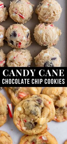 candy cane chocolate chip cookies on a baking sheet with the title in the middle and bottom