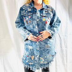 This Is A Super Bedazzled And Blinged Out Jean Jacket Dress With Distressing. Size Large. Nwt. Spring Denim Jacket With Sequins And Long Sleeves, Spring Denim Jacket With Sequins Long Sleeve, Spring Sequined Long Sleeve Denim Jacket, Casual Denim Jacket With Rhinestones For Spring, Casual Rhinestone Denim Jacket For Spring, Spring Denim Jacket With Rhinestones, Trendy Embellished Medium Wash Denim Jacket, Spring Denim Jacket With Sequins, Spring Rhinestone Denim Jacket