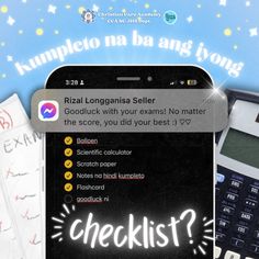 a cell phone with the words checklist written on it next to some calculators