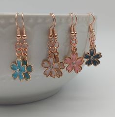 Blossom Earrings Rose Gold Enamel Flower Earrings in 4 - Etsy Moss Phlox, Blue Or Pink, Earrings Rose Gold, French Wire, Enamel Flower, Gold Enamel, Rose Earrings, Rose Gold Earrings, Flower Earrings