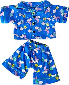 a blue pajamas set with stars and clouds on it