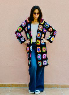 Hooded Multicolor Cardigan, Black Hooded Cardigan For Spring, Cozy Multicolor Hooded Cardigan, Hooded Multicolor Winter Cardigan, Cozy Black Hooded Cardigan, Multicolor Open Front Winter Sweater, Crochet Hooded Cardigan, Black Hooded Cardigan, Black Hooded Coat